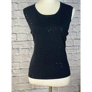 KATE HILL Women's Black Silk Blend Beaded Sparkly Sleeveless Sweater Vest Size L